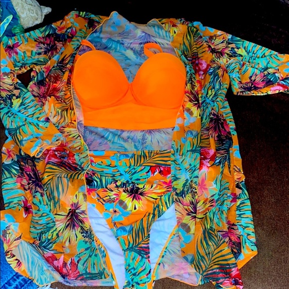 3pc swimsuit longline corset like top w/high hip rise thigh high bottoms&cover - Picture 2 of 5